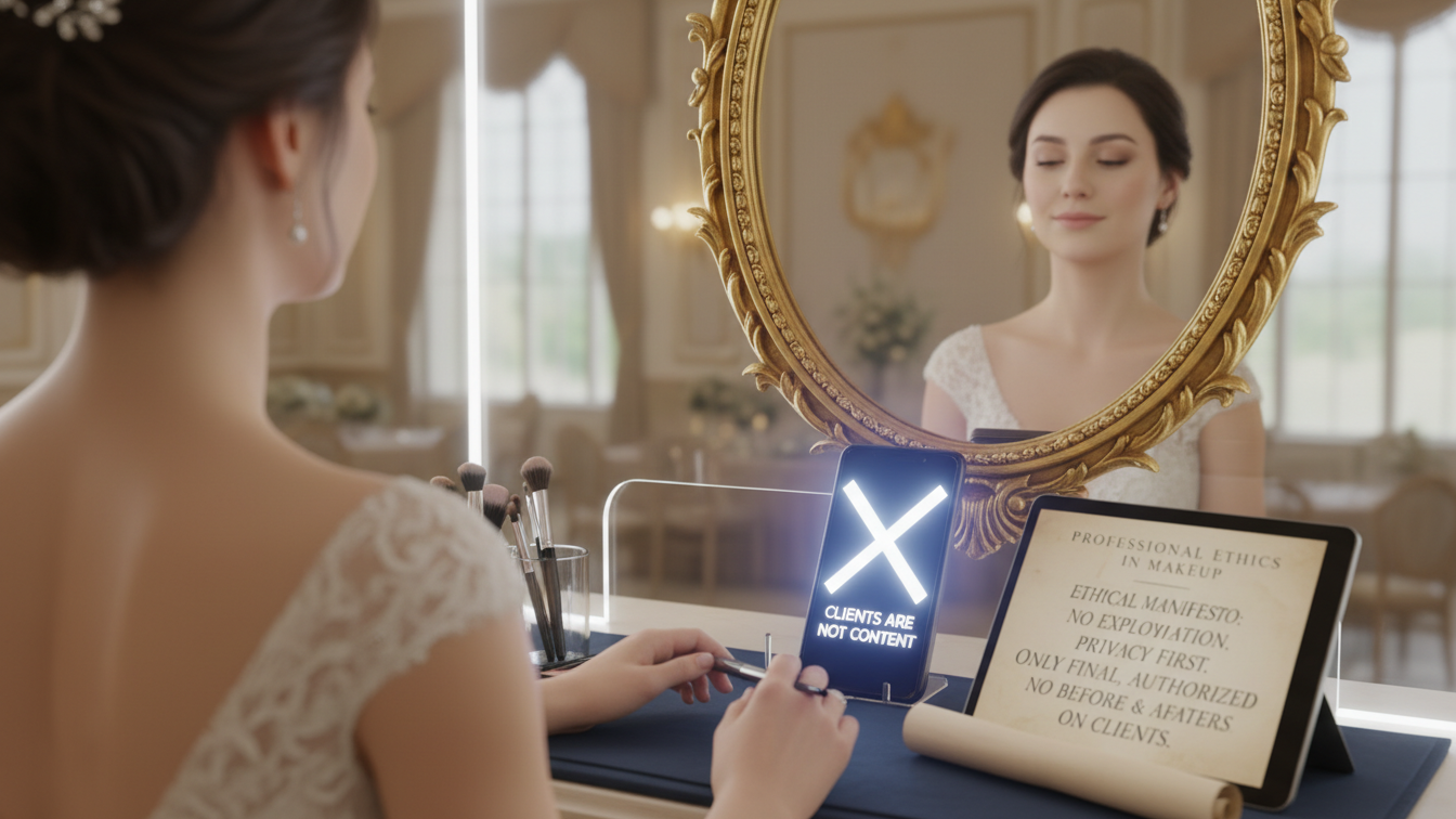 Ethics in Professional Makeup 2 Prima e dopo: perché il before & after sulle clienti paganti è lesivo C’è una differenza sostanziale tra condividere risultati e esporre processi. Se un fotografo pubblica immagini finali, curate e selezionate, il makeup artist può ripostarle: sono il risultato concluso del lavoro. Pubblicare invece il prima e dopo di una cliente pagante non è trasparenza, ma un’esposizione inutile che toglie dignità. Una cliente paga per sentirsi valorizzata, non analizzata. Solo nel caso in cui sia lei stessa a inviare immagini finali e desiderarne la condivisione, il discorso cambia. In tutti gli altri casi, la risposta etica è una sola: non si fa.