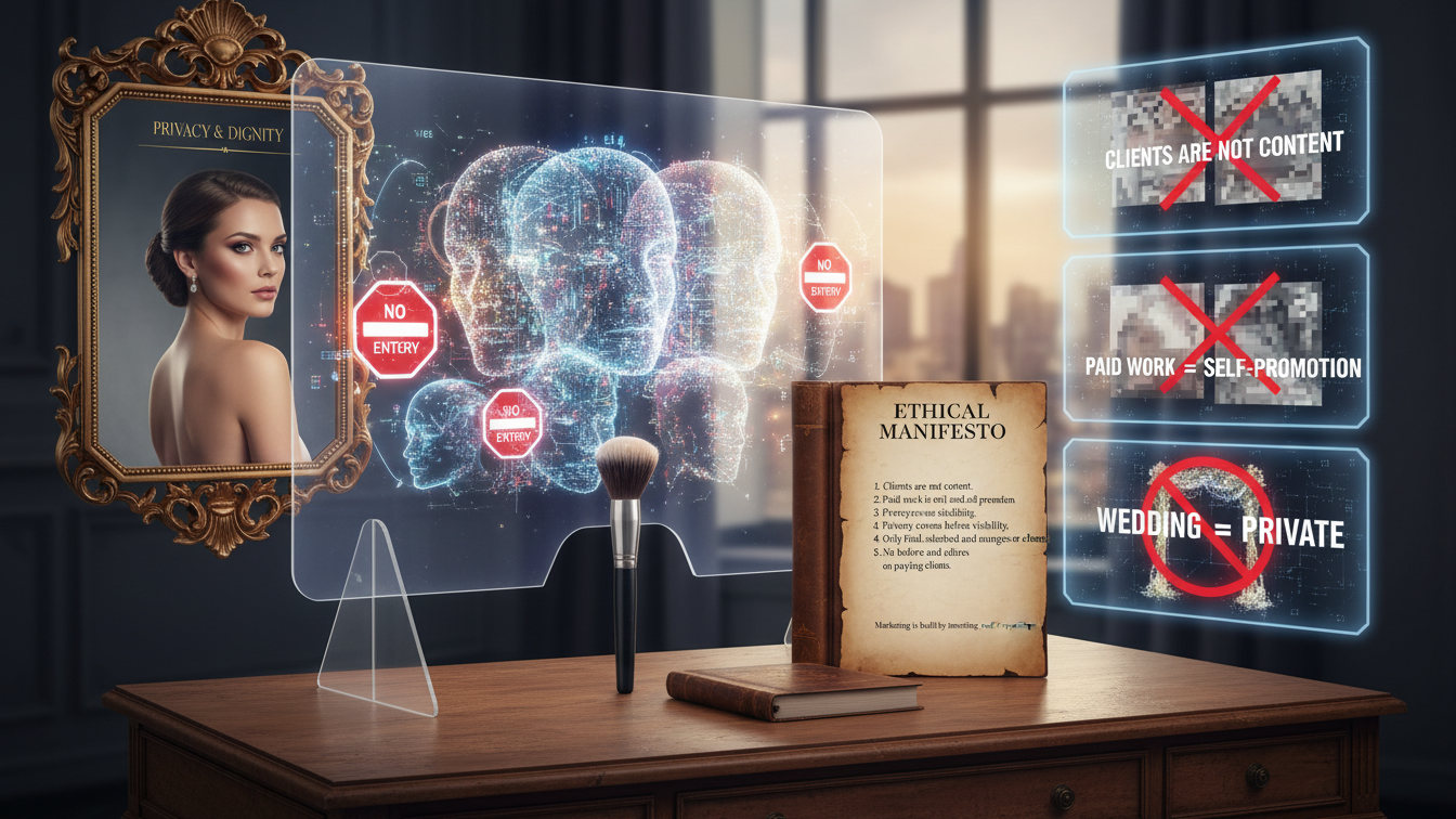 Ethics in Professional Makeup 1 Matrimonio e privacy: il trucco sposa non è un set gratuito Un matrimonio è un evento privato, intimo e irripetibile. Non è uno shooting creativo, né un progetto editoriale, né tantomeno un set gratuito per creare contenuti social. Le immagini realizzate durante un matrimonio appartengono agli sposi e ai loro invitati, alla loro storia e alla loro privacy. Pubblicare foto o video di un matrimonio come promozione personale del makeup artist, anche quando è diventata una pratica diffusa, resta una violazione grave. La professionalità si misura anche nella capacità di capire quando fermarsi e rispettare un contesto che non nasce per il marketing.